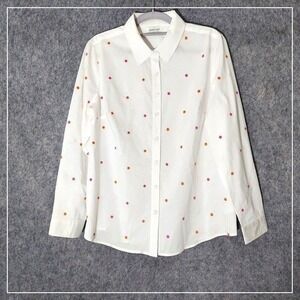 Lemon Way Shirt Women M White Embroidered Polka Dot Button Front Cottagecore Top